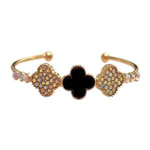 Elegant Triple Clovers Aurora Borealis Stone Gold and Black Open Cuff Bracelet
